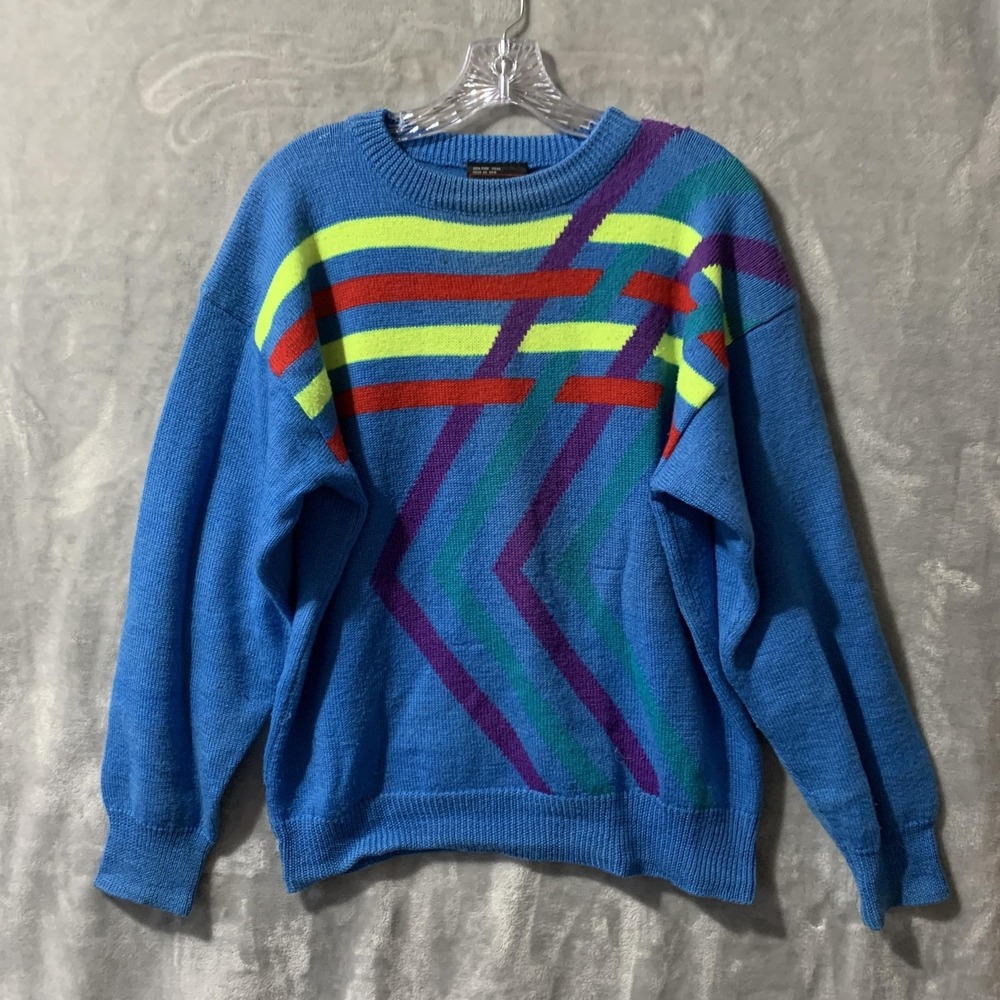 Vintage Demetre Sweater Mens Medium Blue Wool Geometric Neon‎ Crewneck 80s Flaw